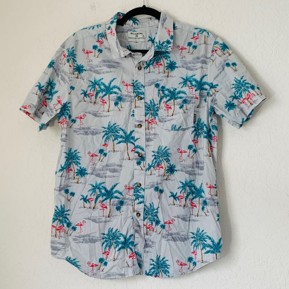 Billabong Shirt Men M Grey Flamingo Palm Tree Coastal Resort‎ Summer Vacation